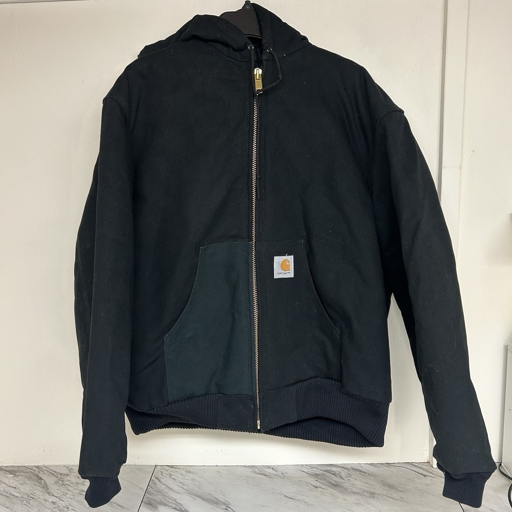 Vintage 90s Carhartt J04 BLK Hooded Jacket Black Canvas Quilt Lined USA Size XL